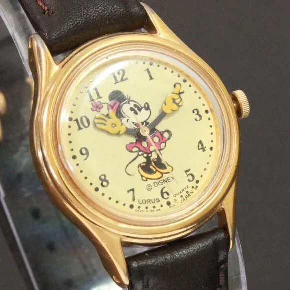 Lorus Ladies Mini Mouse Watch Gold Tone Case New Brown Leather Strap And Battery